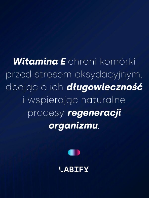 LABIFY Body Omega 3+ - zdjęcie 7 LABIFY Body Omega 3+ - grafika producenta o witaminie E, jasny tekst na granatowym tle