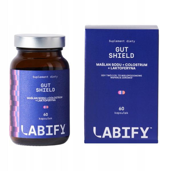 LABIFY Gut Shield - zdjęcie 2 LABIFY Gut Shield - butelka 60 kapsułek obok granatowego pudełka, białe tło