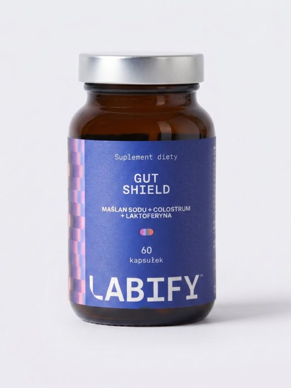 LABIFY Gut Shield - zdjęcie 3 LABIFY Gut Shield - butelka 60 kapsułek na jasnoszarym tle, ujęcie pionowe
