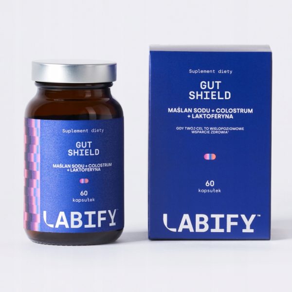 LABIFY Gut Shield - zdjęcie 4 LABIFY Gut Shield - butelka i pudełko ustawione obok siebie na szarym tle