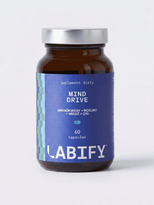 LABIFY Mind Focus+ - zdjęcie 2 LABIFY Mind Focus+ - butelka 60 kapsułek na jasnoszarym tle, ujęcie pionowe