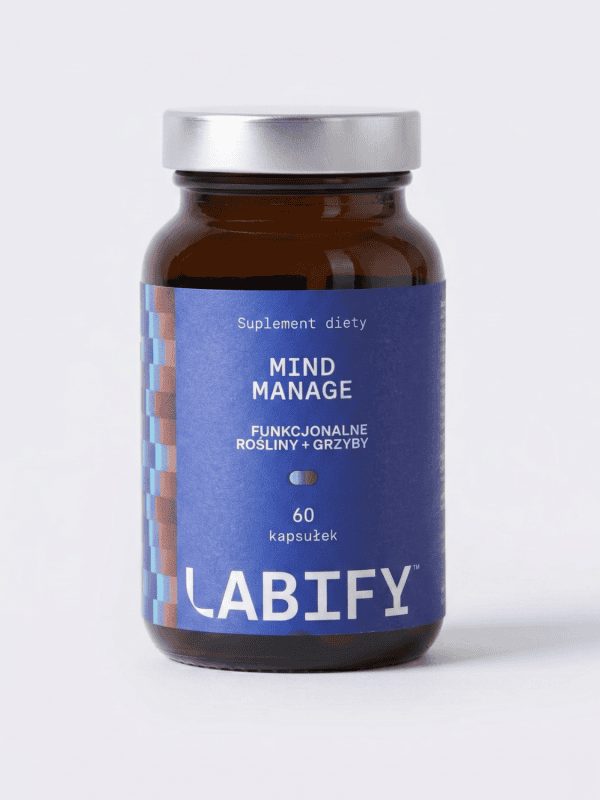 LABIFY Mind Sleep+ - zdjęcie 2 LABIFY Mind Sleep+ - butelka 60 kapsułek na jasnoszarym tle, ujęcie pionowe