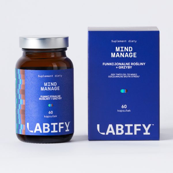 LABIFY Mind Sleep+ - zdjęcie 3 LABIFY Mind Sleep+ - butelka 60 kapsułek obok granatowego pudełka, białe tło