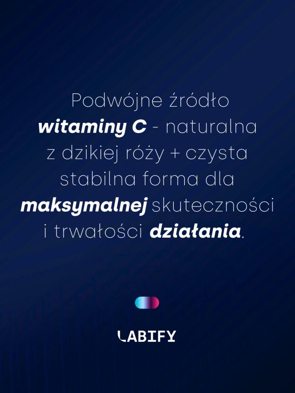 LABIFY Body Witamina C+ - zdjęcie 4 LABIFY Body Witamina C+ - grafika producenta o dwóch źródłach witaminy C, tekst na granatowym tle