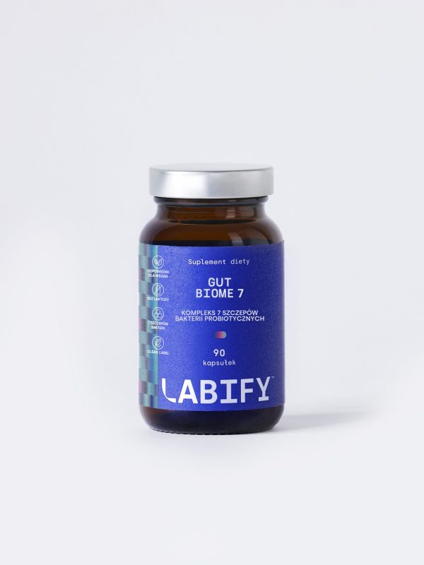 LABIFY GutBiome7 - zdjęcie 3 LABIFY GutBiome7 - butelka 90 kapsułek na jasnoszarym tle, ujęcie pionowe