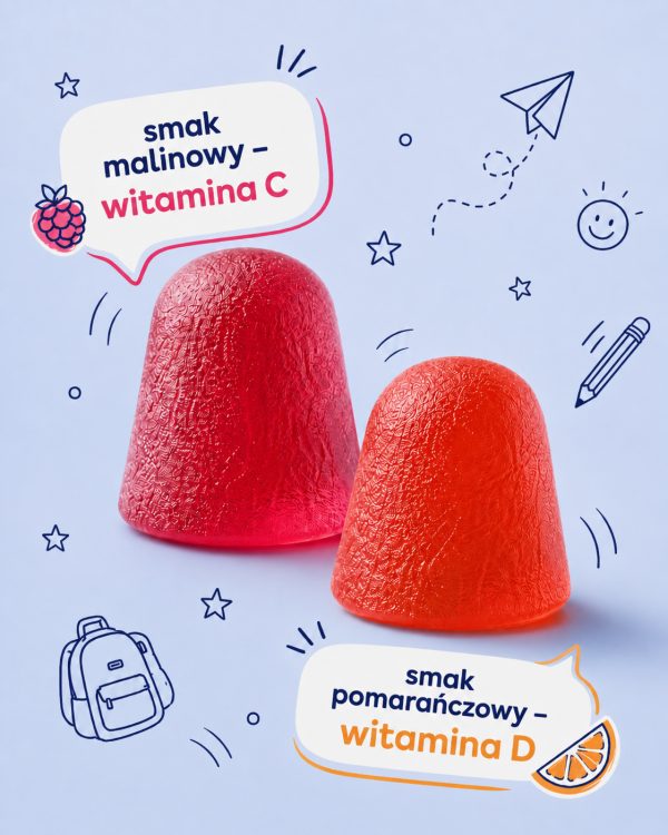 LABIFY Nubi Żelki z witaminą C dla dzieci - zdjęcie 2 LABIFY Nubi Żelki z witaminą C dla dzieci - dwie żelki, malinowa i pomarańczowa, na błękitnym tle z rysunkami