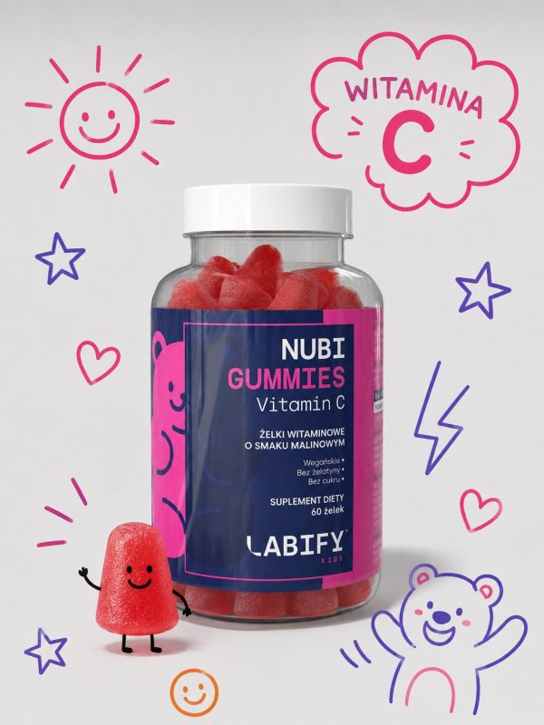 LABIFY Nubi Żelki z witaminą C dla dzieci - zdjęcie 3 LABIFY Nubi Żelki z witaminą C dla dzieci - słoik żelek pośród rysunkowych elementów, kadr dla dzieci