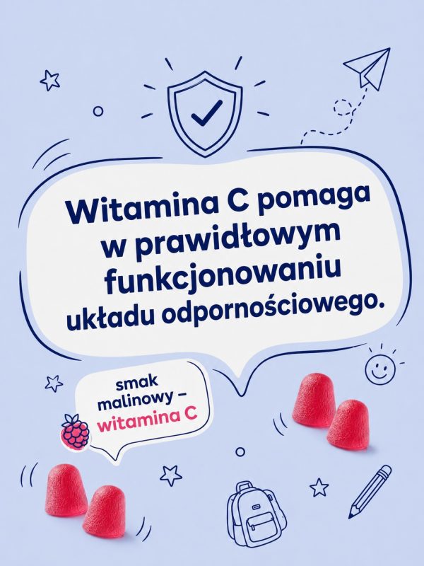 LABIFY Nubi Żelki z witaminą C dla dzieci - zdjęcie 4 LABIFY Nubi Żelki z witaminą C dla dzieci - grafika producenta o witaminie C, tekst w dymku na błękitnym tle