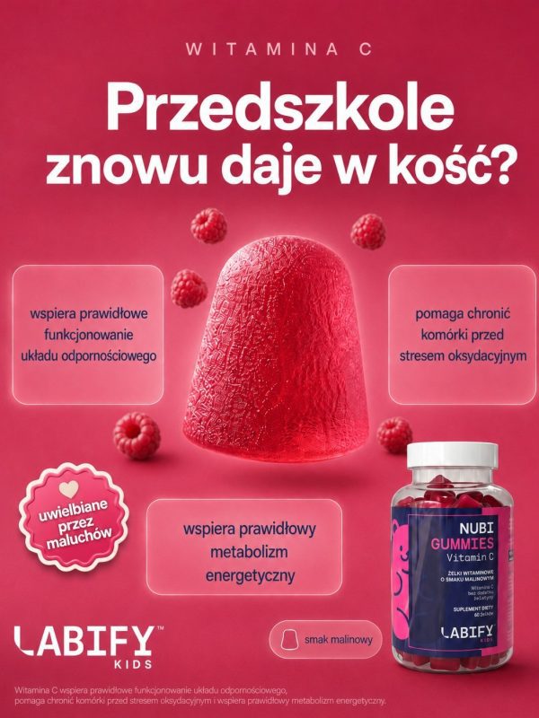 LABIFY Nubi Żelki z witaminą C dla dzieci - zdjęcie 7 LABIFY Nubi Żelki z witaminą C dla dzieci - grafika producenta w formie plakatu z żelka i słoikiem, różowe tło