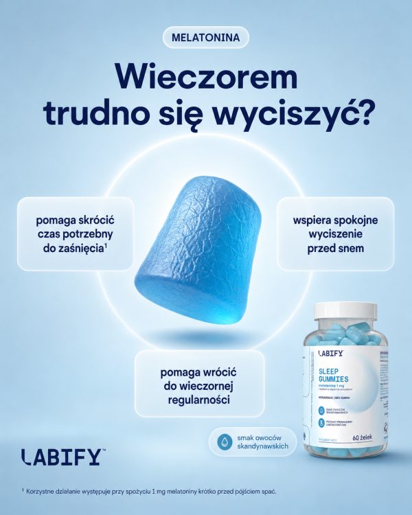 LABIFY Żelki Sleep - zdjęcie 3 LABIFY Żelki Sleep - grafika producenta w formie plakatu o melatoninie, błękitne tło