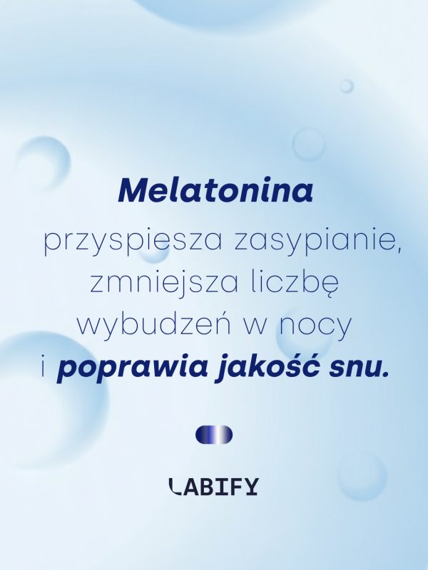 LABIFY Żelki Sleep - zdjęcie 4 LABIFY Żelki Sleep - grafika producenta o melatoninie, tekst na jasnobłękitnym tle