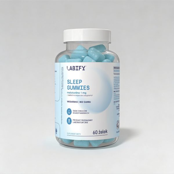 LABIFY Żelki Sleep - zdjęcie 5 LABIFY Żelki Sleep - słoik 60 żelek na szarym tle, ujęcie pionowe