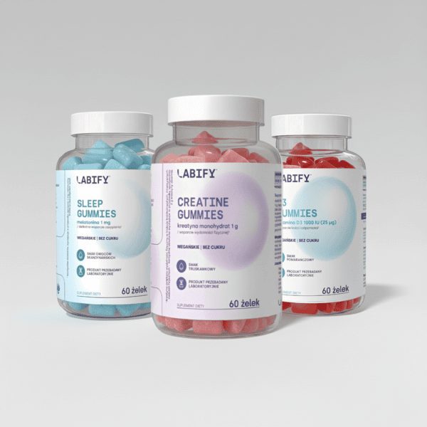 LABIFY Żelki Sleep - zdjęcie 6 LABIFY Żelki Sleep - trzy słoiki żelek z jednej linii ustawione obok siebie