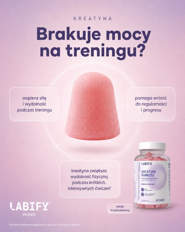 LABIFY Żelki z Kreatyną truskawkowe - zdjęcie 2 LABIFY Żelki z Kreatyną truskawkowe - grafika producenta w formie plakatu z różowa żelka i słoikiem
