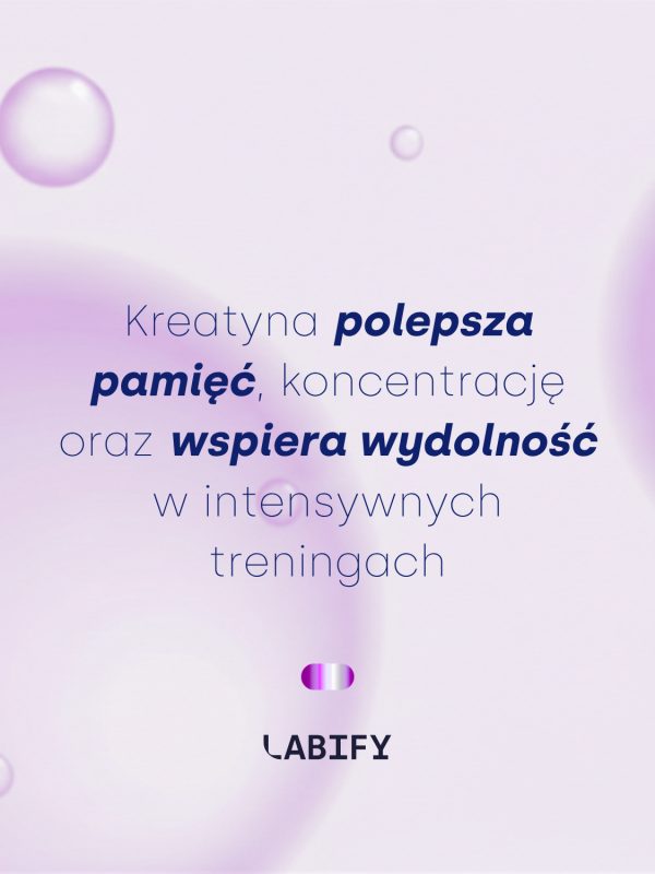 LABIFY Żelki z Kreatyną truskawkowe - zdjęcie 3 LABIFY Żelki z Kreatyną truskawkowe - grafika producenta o kreatynie, tekst na jasnofioletowym tle
