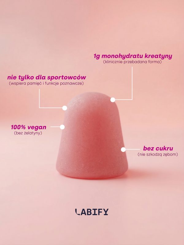 LABIFY Żelki z Kreatyną truskawkowe - zdjęcie 6 LABIFY Żelki z Kreatyną truskawkowe - grafika producenta z opisami wokół różowej żelki, różowe tło