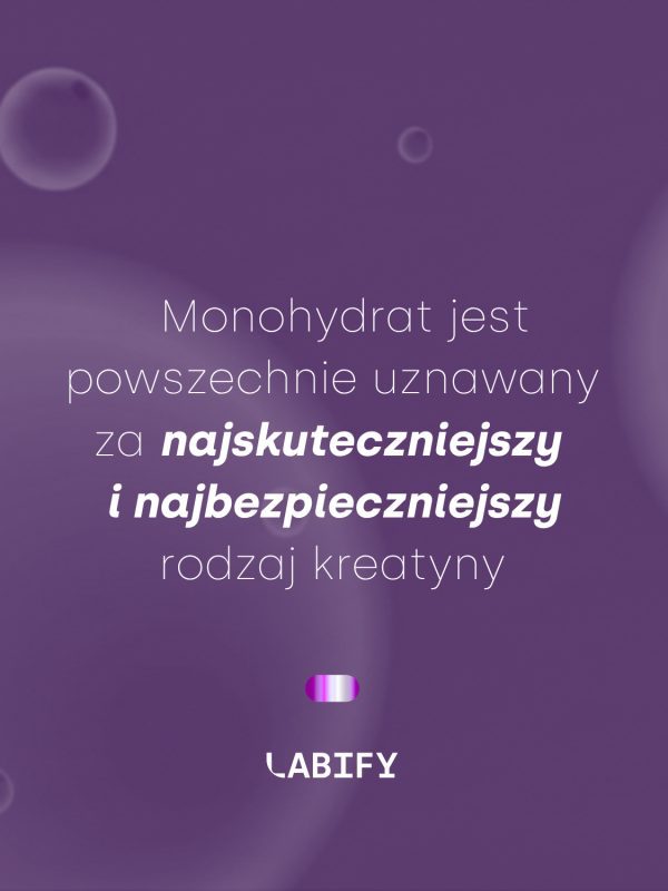 LABIFY Żelki z Kreatyną truskawkowe - zdjęcie 8 LABIFY Żelki z Kreatyną truskawkowe - grafika producenta o monohydracie kreatyny, tekst na fioletowym tle