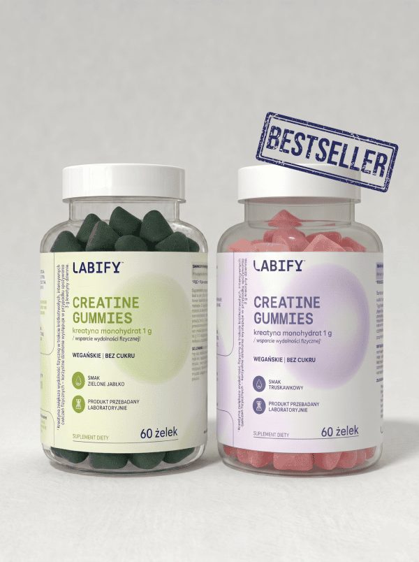 LABIFY Żelki z Kreatyną zielone jabłko - zdjęcie 4 LABIFY Żelki z Kreatyną zielone jabłko - dwa słoiki żelek obok siebie, jeden z pieczątką bestsellera