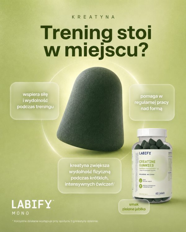 LABIFY Żelki z Kreatyną zielone jabłko - zdjęcie 8 LABIFY Żelki z Kreatyną zielone jabłko - grafika producenta w formie plakatu z zielona żelka i słoikiem