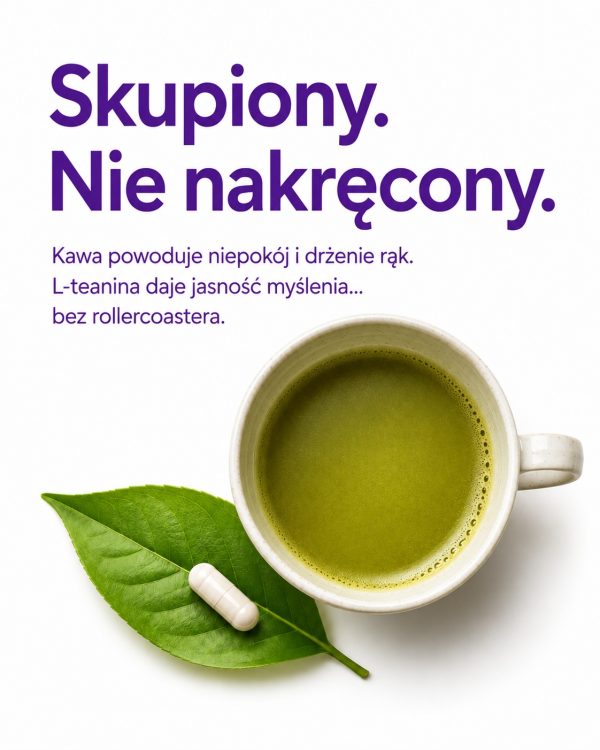 LABIFY L-teanina MONO - zdjęcie 2 LABIFY L-teanina MONO - filiżanka zielonej herbaty z liściem i kapsułka, widok z góry