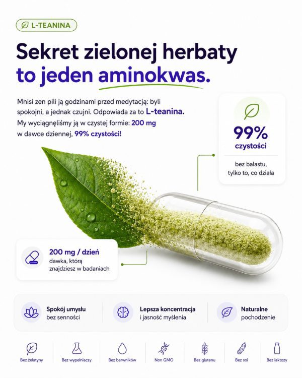 LABIFY L-teanina MONO - zdjęcie 3 LABIFY L-teanina MONO - grafika producenta o L-teaninie z ilustracją kapsułki i liścia