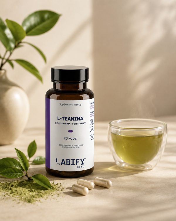 LABIFY L-teanina MONO - zdjęcie 5 LABIFY L-teanina MONO - butelka obok szklanej filiżanki herbaty, liście i kapsułki na blacie