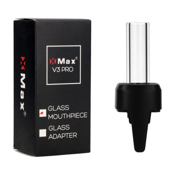 6974019220374_03_biale_tlo Pudełko X-Max V3 PRO Glass Mouthpiece obok szklanego ustnika z czarną podstawą
