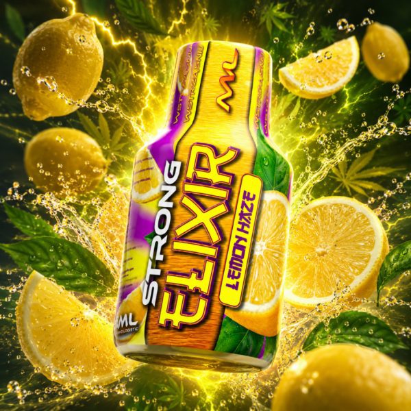 Butelka Elixir Panoramixa Energy Lemon 100 ml z cytrynami i zielonymi liśćmi