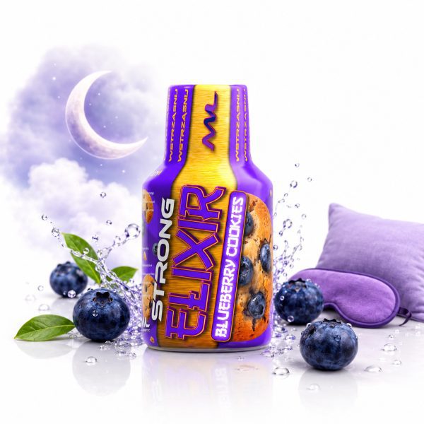 Elixir Panoramixa Blueberry Relax, shot konopny 100 ml z borówkami na jasnym tle