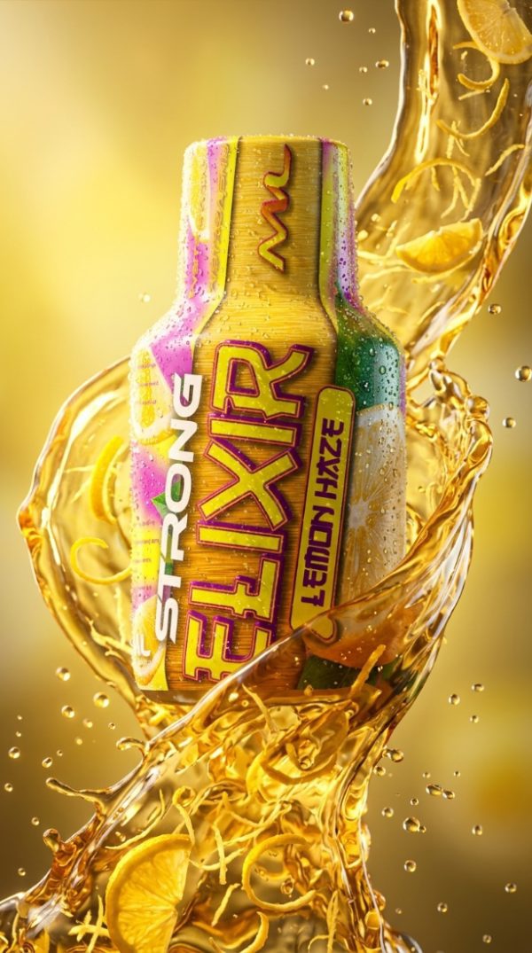 Elixir Panoramixa Energy Lemon, shot konopny 100 ml w pionowym kadrze ze złotym płynem