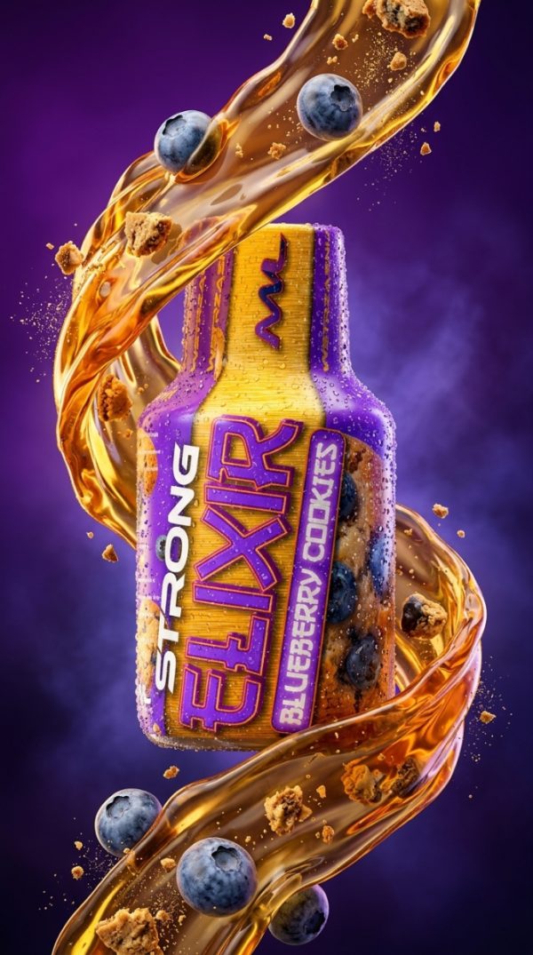 Elixir Panoramixa Blueberry Relax 100 ml w pionowym kadrze z borówkami i okruchami ciastek