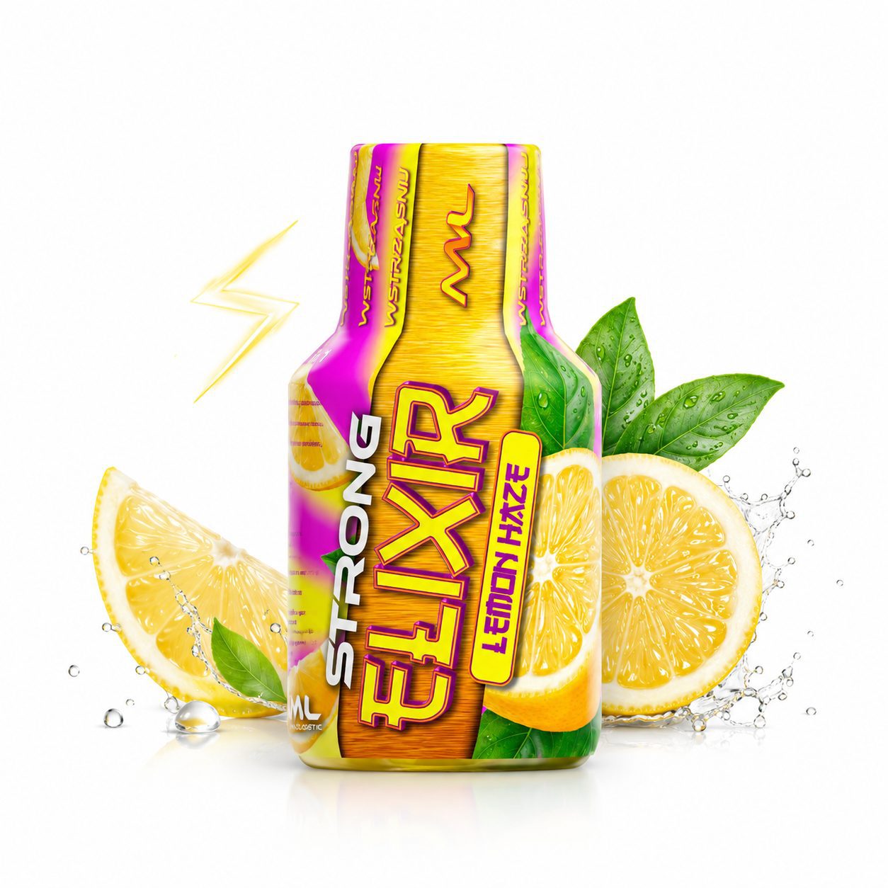 Elixir Panoramixa Energy Lemon, butelka shota konopnego 100 ml na białym tle z cytrynami