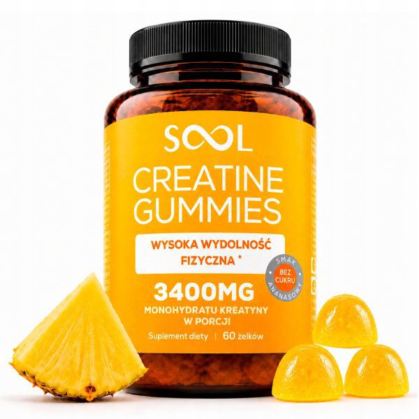 fe667e0cea9d536d75d3452338f82b73.jpg SOOL Creatine Gummies - bursztynowy słoik z pomarańczową etykietą, 3400 mg monohydratu kreatyny w porcji