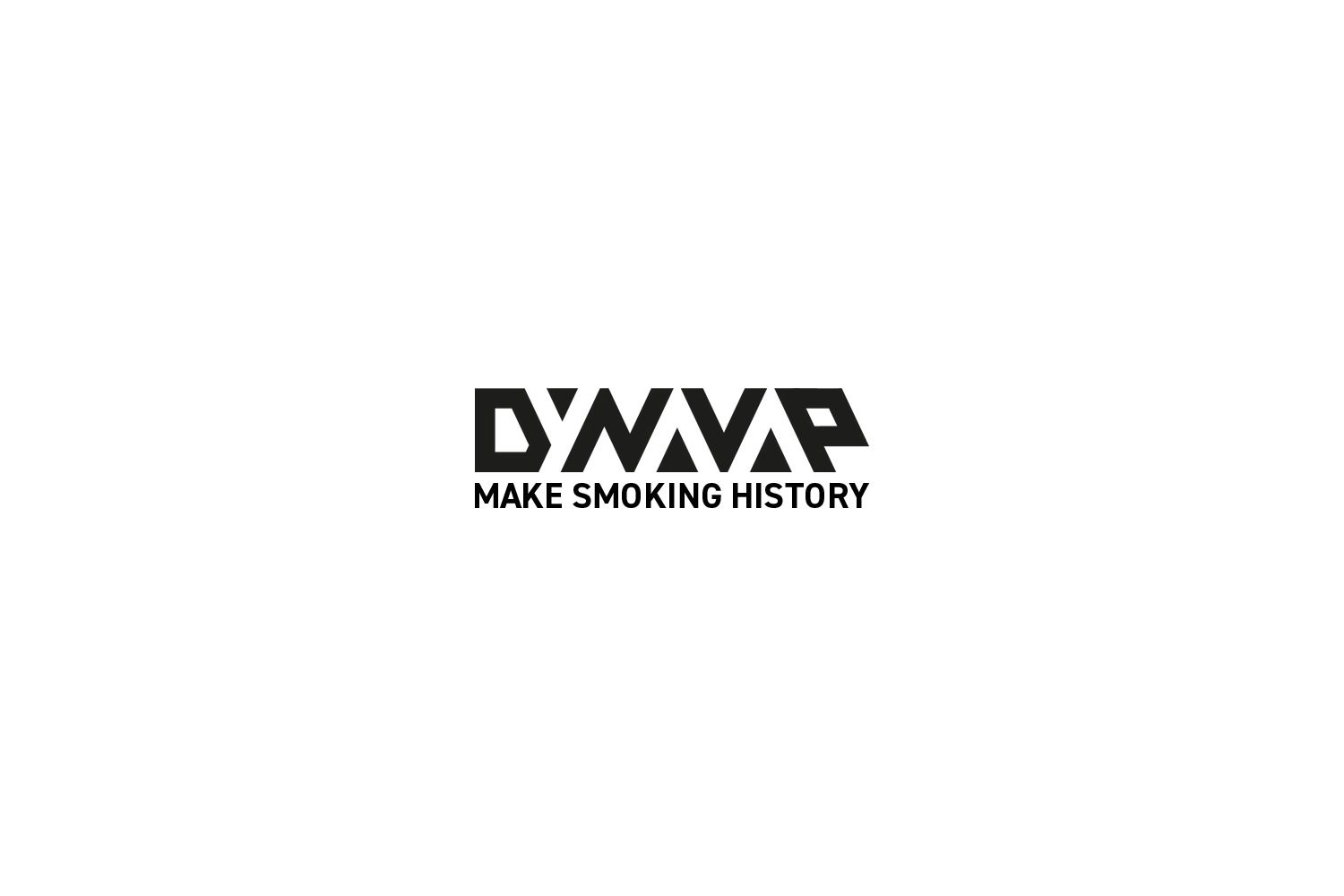 DynaVap: czarny napis DYNAVAP z liter zbudowanych z trójkątów, pod nim hasło Make Smoking History, na białym tle
