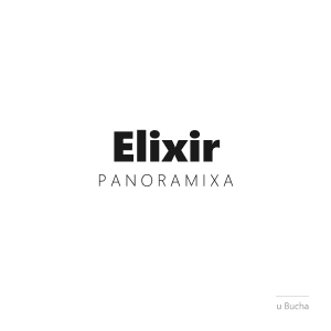 Elixir Panoramixa - minimalistyczny znak marki shotów konopnych, czarny napis na białym tle