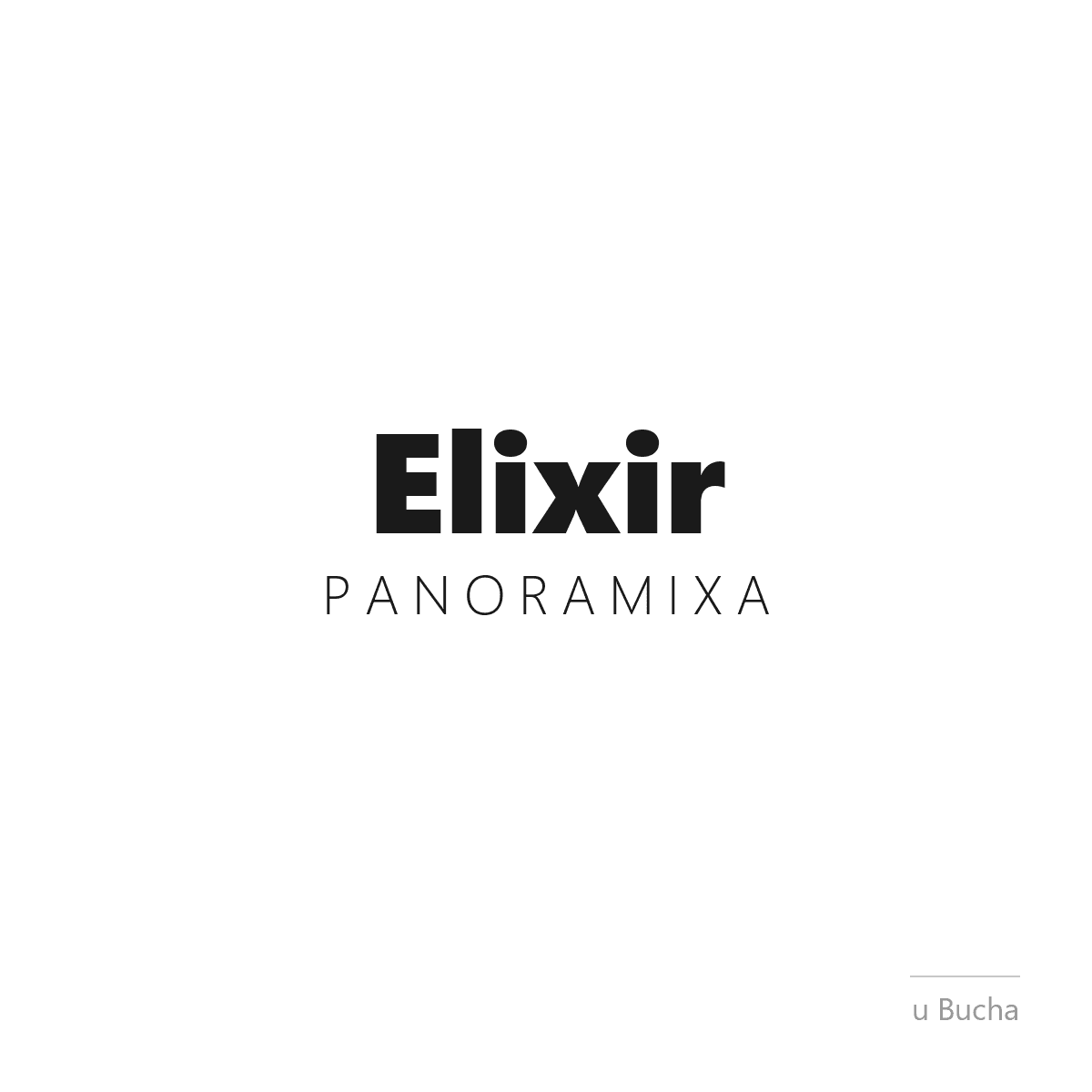 Elixir Panoramixa - minimalistyczny znak marki shotów konopnych, czarny napis na białym tle
