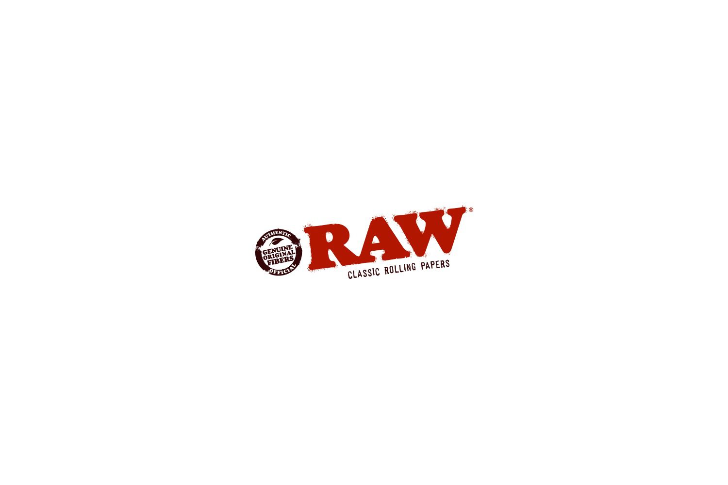 RAW: ukośny ceglastoczerwony napis RAW o postrzępionych brzegach, brązowa okrągła pieczęć i dopisek Classic Rolling Papers