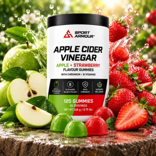 Opakowanie mixu żelków z octem jabłkowym Sport Armour wśród jabłek i truskawek