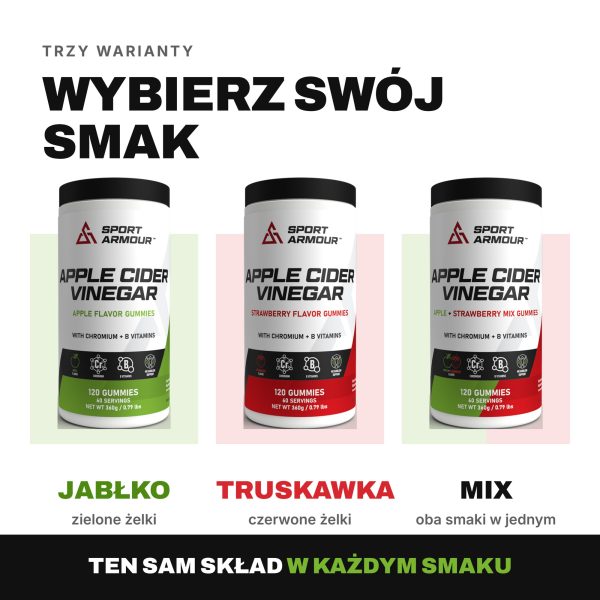 Trzy warianty żelków z octem jabłkowym Sport Armour: jabłko, truskawka i mix, ten sam skład w każdym smaku