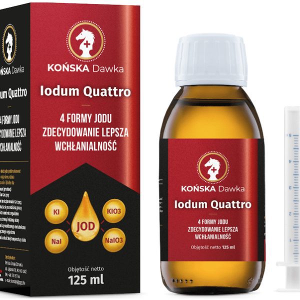 Pudełko i butelka Końska Dawka Iodum Quattro, jod w czterech formach, 125 ml, ze strzykawką