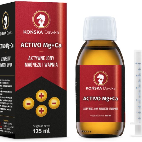 Pudełko i butelka Końska Dawka Activo Mg+Ca, magnez i wapń w płynie, 125 ml, ze strzykawką