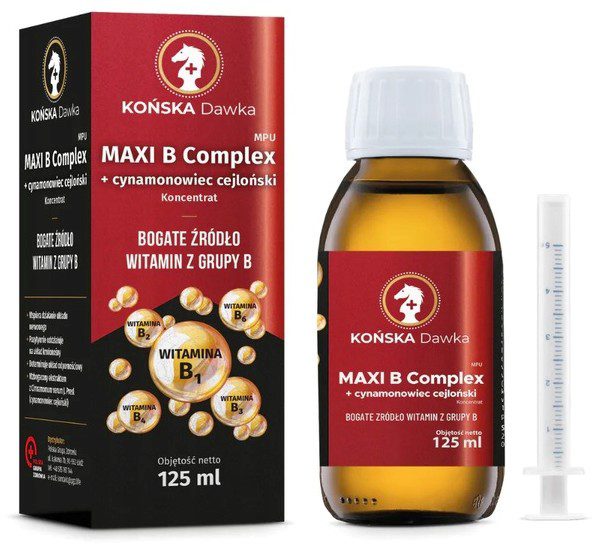 Pudełko i butelka Końska Dawka MAXI B Complex z cynamonowcem cejlońskim, 125 ml, ze strzykawką