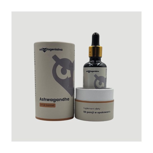 Adaptogenialna Ashwagandha 50 ml karmel: buteleczka z pipeta obok tuby z napisem Smak karmel Adaptogenialna Ashwagandha 50 ml karmel: buteleczka z pipeta obok tuby z napisem Smak karmel