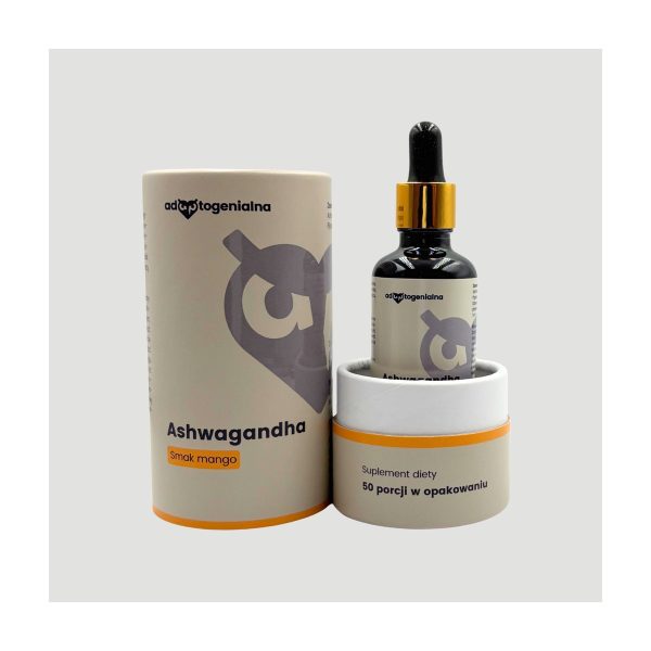 Adaptogenialna Ashwagandha 50 ml mango: buteleczka z pipeta obok tuby z napisem Smak mango Adaptogenialna Ashwagandha 50 ml mango: buteleczka z pipeta obok tuby z napisem Smak mango
