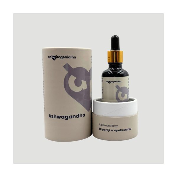 Adaptogenialna Ashwagandha 50 ml naturalna: jasna tuba i buteleczka z pipeta bez etykiety smakowej Adaptogenialna Ashwagandha 50 ml naturalna: jasna tuba i buteleczka z pipeta bez etykiety smakowej