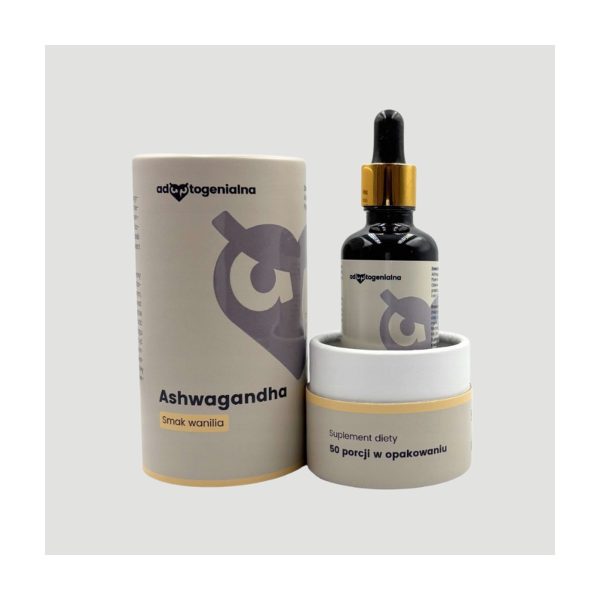 Adaptogenialna Ashwagandha 50 ml wanilia: buteleczka z pipeta obok tuby z napisem Smak wanilia Adaptogenialna Ashwagandha 50 ml wanilia: buteleczka z pipeta obok tuby z napisem Smak wanilia