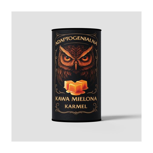 Adaptogenialna Kawa Mielona 100g karmel: czarna tuba z sowa i napisem Kawa Mielona Karmel Adaptogenialna Kawa Mielona 100g karmel: czarna tuba z sowa i napisem Kawa Mielona Karmel