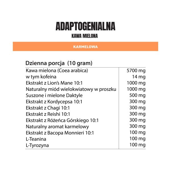 Adaptogenialna Kawa Mielona 100g karmel: etykieta z tabela wartosci odzywczych, Kawa Mielona Karmelowa Adaptogenialna Kawa Mielona 100g karmel: etykieta z tabela wartosci odzywczych, Kawa Mielona Karmelowa