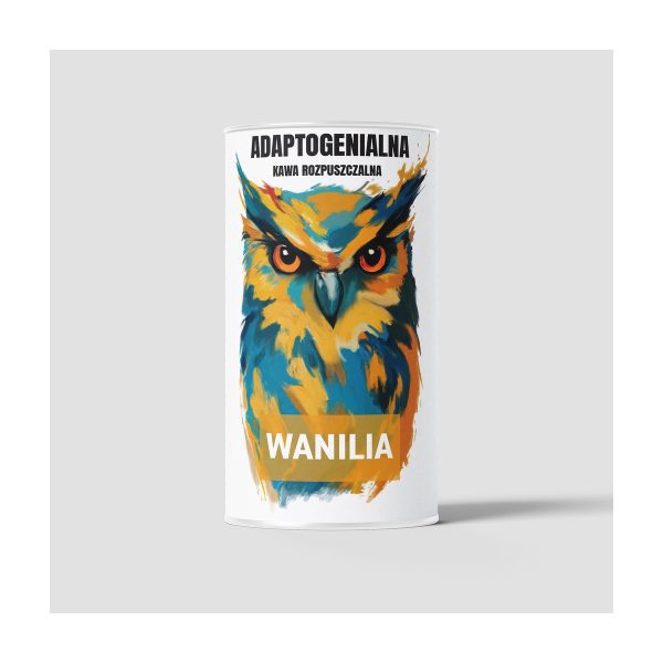 Adaptogenialna Kawa Rozpuszczalna 100g wanilia: biala puszka z kolorowa sowa, napis Wanilia