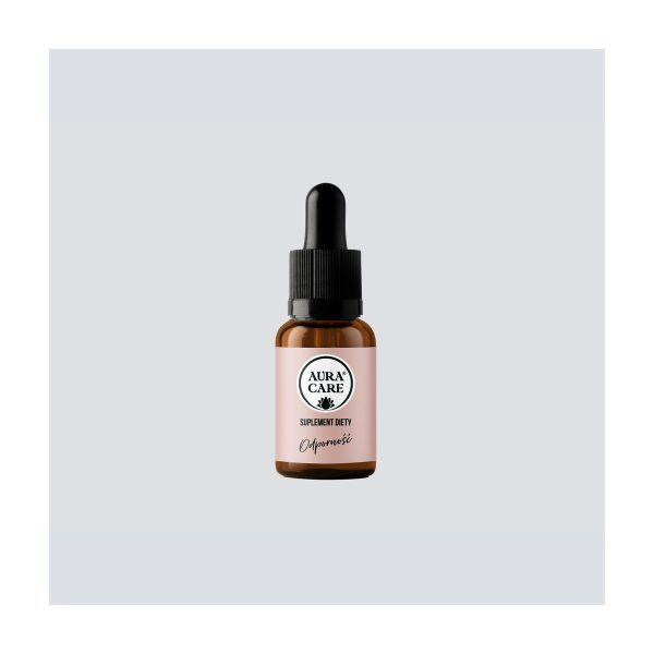 Aura Care Adaptogeny krople z jeżówką purpurową i reishi, 15 ml:zbliżenie na samą butelkę z kroplomierzem